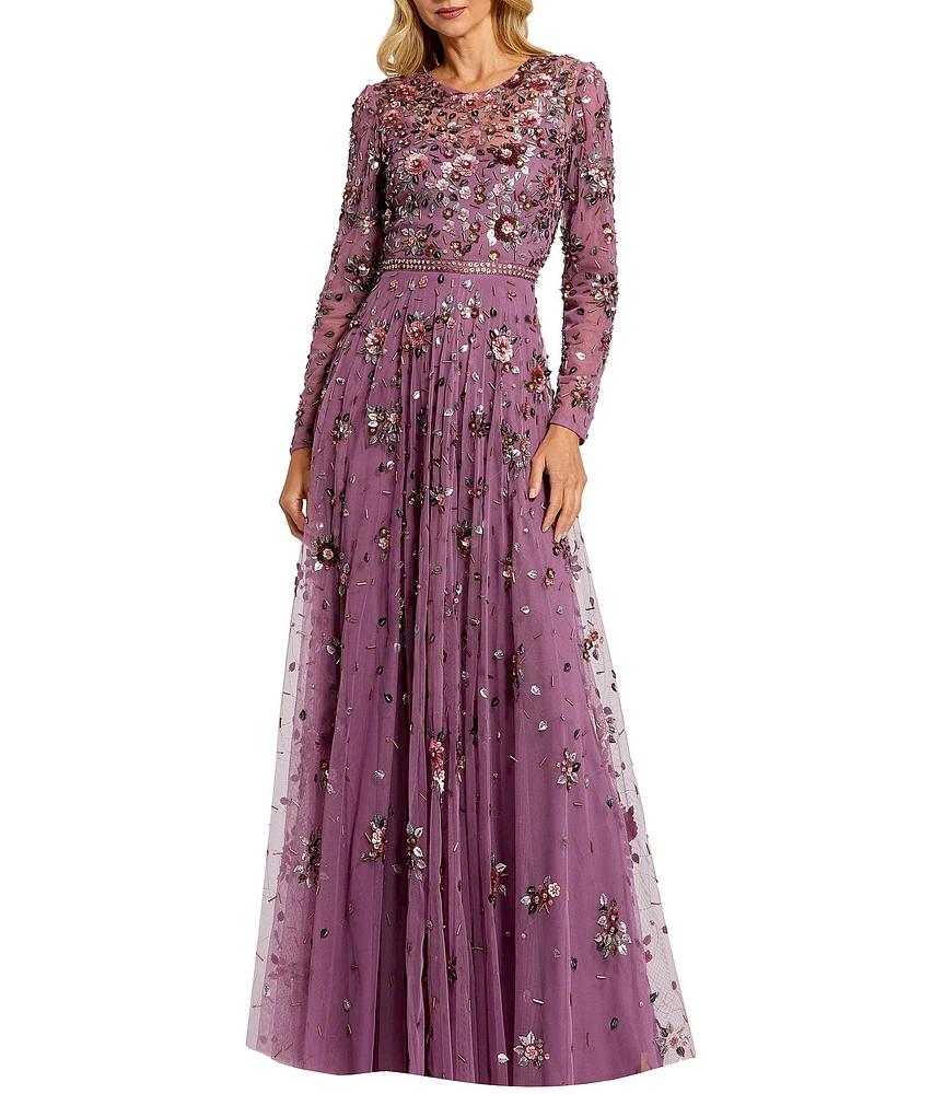 Mac Duggal 3D Floral Sequin Round Neck Long Sleeve Pleated Gown