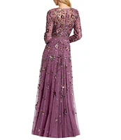 Mac Duggal 3D Floral Sequin Round Neck Long Sleeve Pleated Gown