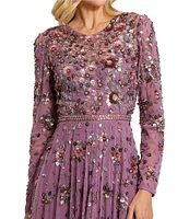 Mac Duggal 3D Floral Sequin Round Neck Long Sleeve Pleated Gown