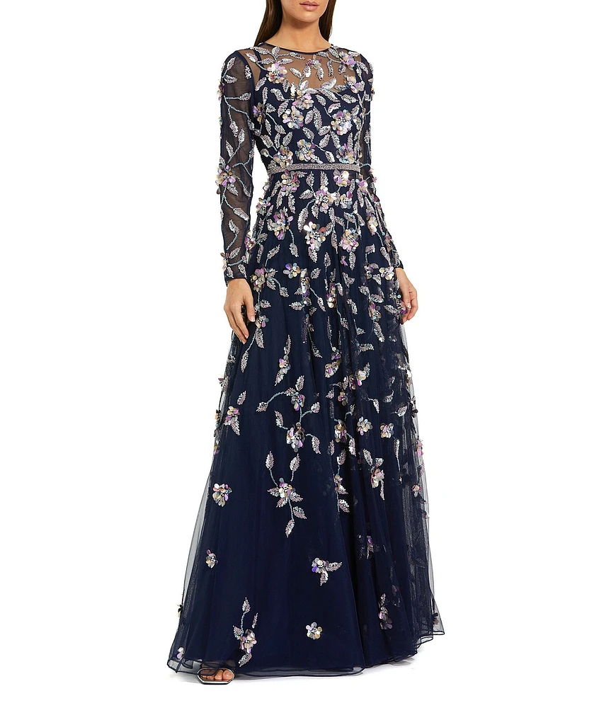 Mac Duggal 3D Floral Tulle Mesh Crew Neck Long Sleeve A-Line Gown