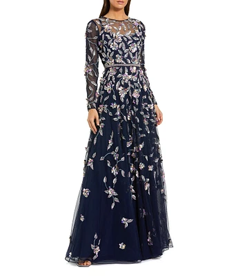Mac Duggal 3D Floral Tulle Mesh Crew Neck Long Sleeve A-Line Gown