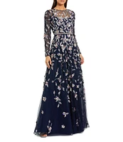 Mac Duggal 3D Floral Tulle Mesh Crew Neck Long Sleeve A-Line Gown