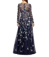 Mac Duggal 3D Floral Tulle Mesh Crew Neck Long Sleeve A-Line Gown