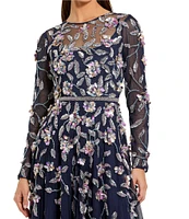Mac Duggal 3D Floral Tulle Mesh Crew Neck Long Sleeve A-Line Gown