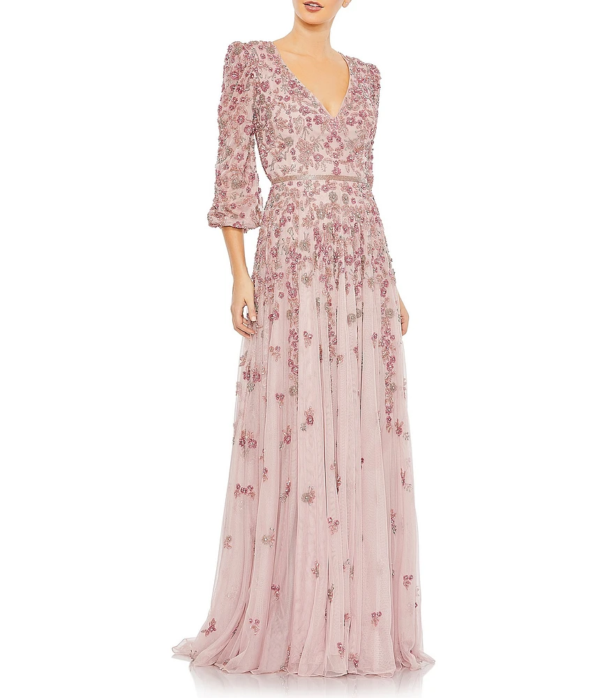 Mac Duggal 3D Floral V-Neck 3/4 Sleeve A-Line Gown