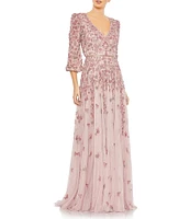 Mac Duggal 3D Floral V-Neck 3/4 Sleeve A-Line Gown