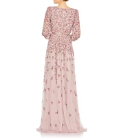 Mac Duggal 3D Floral V-Neck 3/4 Sleeve A-Line Gown