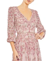 Mac Duggal 3D Floral V-Neck 3/4 Sleeve A-Line Gown