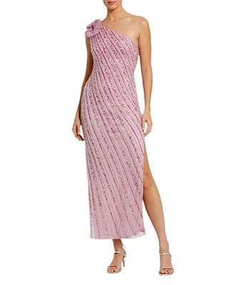 Mac Duggal 3D Flower One Shoulder Beaded Mesh Column Dress