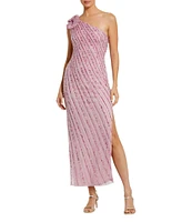 Mac Duggal 3D Flower One Shoulder Beaded Mesh Column Dress