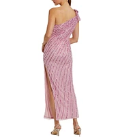 Mac Duggal 3D Flower One Shoulder Beaded Mesh Column Dress