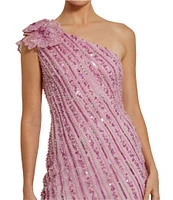 Mac Duggal 3D Flower One Shoulder Beaded Mesh Column Dress