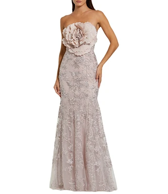 Mac Duggal 3D Flower Strapless Embroidered Mesh Mermaid Gown