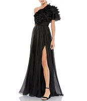 Mac Duggal Applique One Shoulder Short Sleeve A-Line Gown