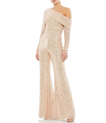 Mac Duggal Asymmetric Off-The-Shoulder Long Sleeve Flare Leg Sequin Jumpsuit