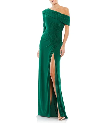 Mac Duggal Asymmetric One Shoulder Long Sleeve Ruched Jersey Gown