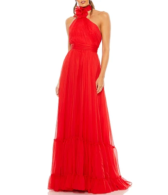 Mac Duggal Asymmetrical Halter Neck Floral Applique Chiffon Gown