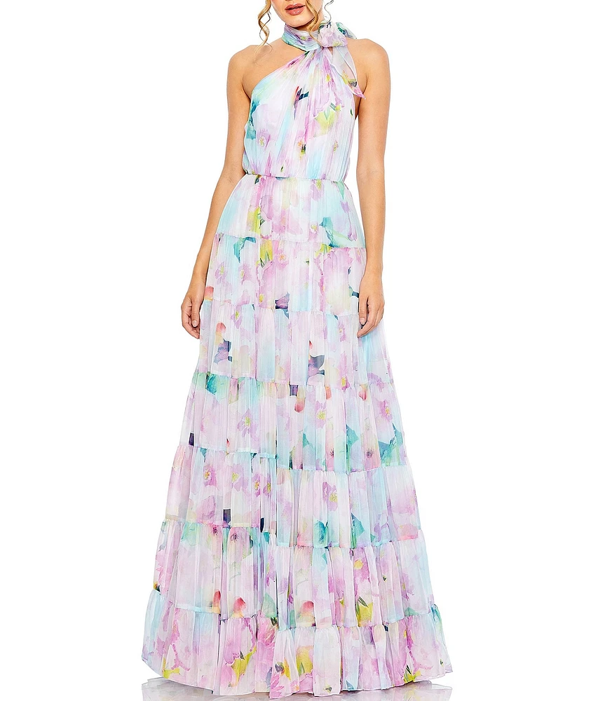 Mac Duggal Asymmetrical Halter Neck Floral Print Chiffon Tiered Dress