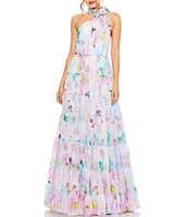 Mac Duggal Asymmetrical Halter Neck Floral Print Chiffon Tiered Dress