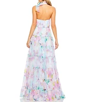 Mac Duggal Asymmetrical Halter Neck Floral Print Chiffon Tiered Dress