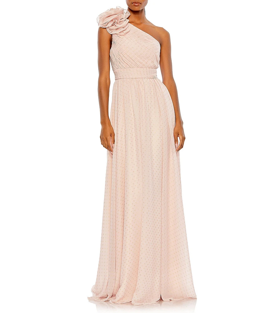 Mac Duggal Asymmetrical One Ruffle Shoulder Sleeveless A-Line Gown