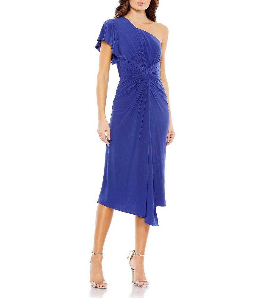 Mac Duggal Asymmetrical Hem One Shoulder Short Flutter Sleeve Ruched Twist Waist Faux Wrap Midi Dress