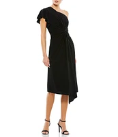 Mac Duggal Asymmetrical Hem One Shoulder Short Flutter Sleeve Ruched Twist Waist Faux Wrap Midi Dress
