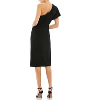 Mac Duggal Asymmetrical Hem One Shoulder Short Flutter Sleeve Ruched Twist Waist Faux Wrap Midi Dress
