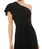 Mac Duggal Asymmetrical Hem One Shoulder Short Flutter Sleeve Ruched Twist Waist Faux Wrap Midi Dress
