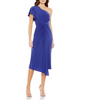 Mac Duggal Asymmetrical Hem One Shoulder Short Flutter Sleeve Ruched Twist Waist Faux Wrap Midi Dress
