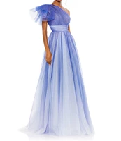 Mac Duggal Asymmetrical One Shoulder Short Ruffle Sleeve Ruched Ombre Ballgown