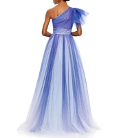 Mac Duggal Asymmetrical One Shoulder Short Ruffle Sleeve Ruched Ombre Ballgown