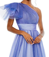 Mac Duggal Asymmetrical One Shoulder Short Ruffle Sleeve Ruched Ombre Ballgown