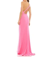 Mac Duggal Asymmetrical Ruched One Shoulder Sleeveless Open Back Detail Trumpet Sheath Gown