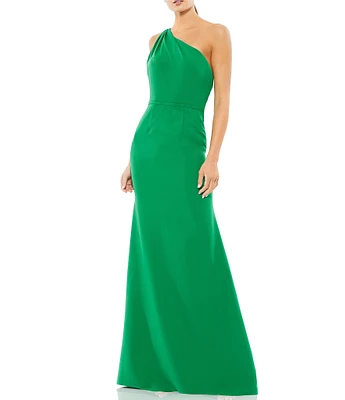 Mac Duggal Asymmetrical Ruched One Shoulder Sleeveless Open Back Detail Trumpet Sheath Gown