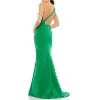 Mac Duggal Asymmetrical Ruched One Shoulder Sleeveless Open Back Detail Trumpet Sheath Gown
