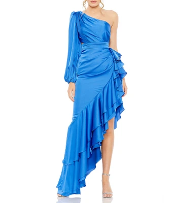 Mac Duggal Ruffle Asymmetrical Hemline Cut Out Side One Shoulder Long Blouson Sleeve Ruched Gown