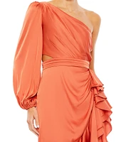 Mac Duggal Ruffle Asymmetrical Hemline Cut Out Side One Shoulder Long Blouson Sleeve Ruched Gown