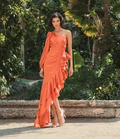 Mac Duggal Ruffle Asymmetrical Hemline Cut Out Side One Shoulder Long Blouson Sleeve Ruched Gown