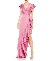 Mac Duggal Asymmetrical Layered Ruffle Hem Surplice V-Neck Cap Sleeve Cut Out Side Open Back Gown