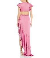 Mac Duggal Asymmetrical Layered Ruffle Hem Surplice V-Neck Cap Sleeve Cut Out Side Open Back Gown