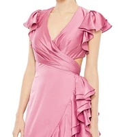 Mac Duggal Asymmetrical Layered Ruffle Hem Surplice V-Neck Cap Sleeve Cut Out Side Open Back Gown