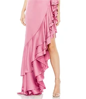 Mac Duggal Asymmetrical Layered Ruffle Hem Surplice V-Neck Cap Sleeve Cut Out Side Open Back Gown