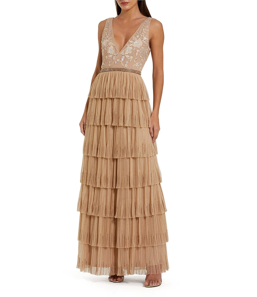 Mac Duggal Beaded 3D Flower Mesh Plunging V-Neck Embellished Waist Tiered Ruffle Column Gown