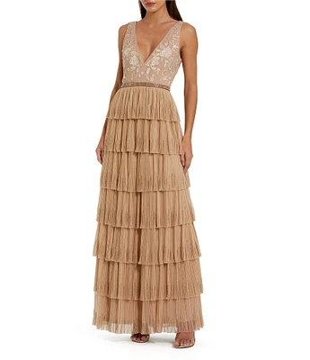 Mac Duggal Beaded 3D Flower Mesh Plunging V-Neck Embellished Waist Tiered Ruffle Column Gown