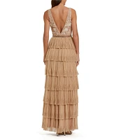 Mac Duggal Beaded 3D Flower Mesh Plunging V-Neck Embellished Waist Tiered Ruffle Column Gown