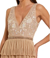 Mac Duggal Beaded 3D Flower Mesh Plunging V-Neck Embellished Waist Tiered Ruffle Column Gown