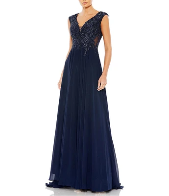 Mac Duggal Beaded Applique Bodice V-Neck Sleeveless A-Line Gown
