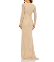 Mac Duggal Beaded Boat Neck Belted Long Sleeve Side Slit Gown