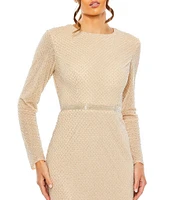 Mac Duggal Beaded Boat Neck Belted Long Sleeve Side Slit Gown